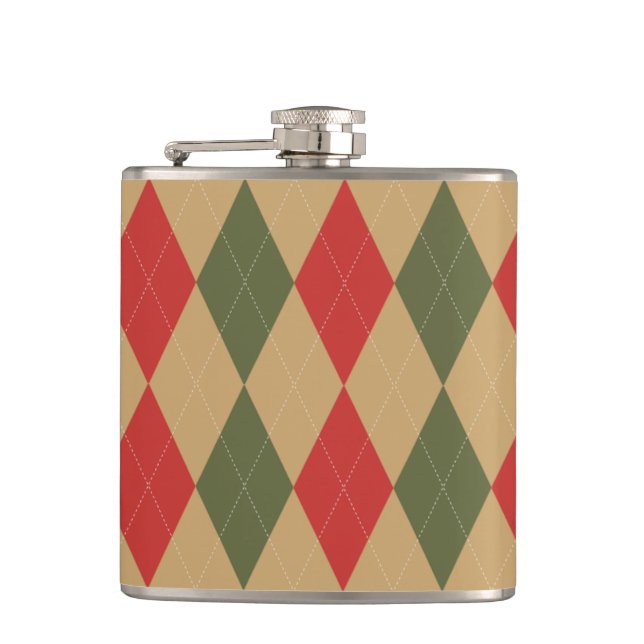 Preppy Argyle Khaki Army Green Red Personalised Hip Flask (Front)