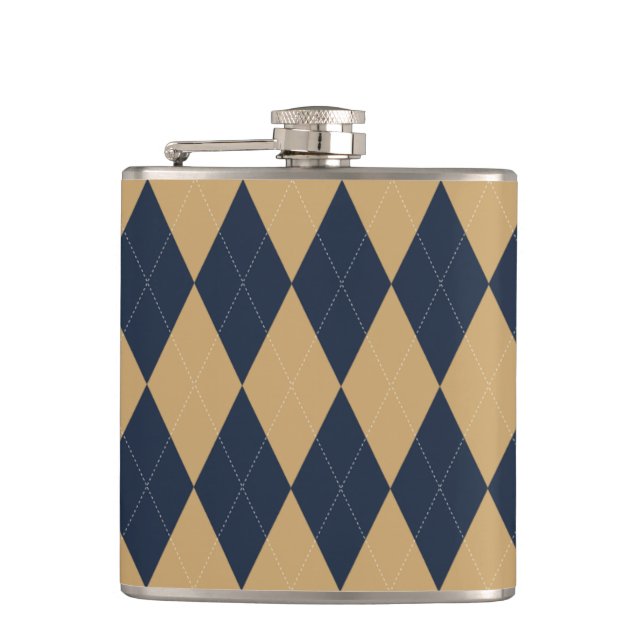 Preppy Argyle Khaki & Navy Personalised Groomsmen Hip Flask (Front)