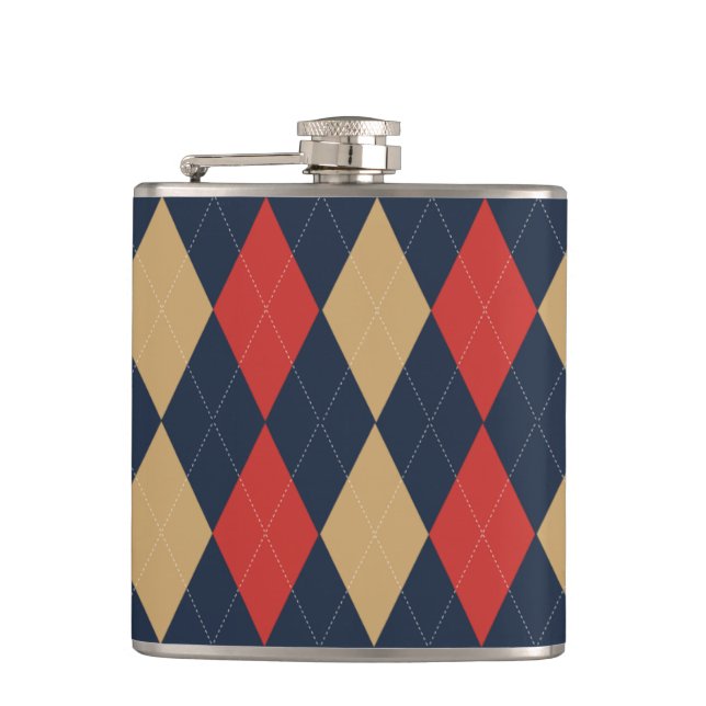 Preppy Argyle Navy Khaki khaki Personalised Hip Flask (Front)