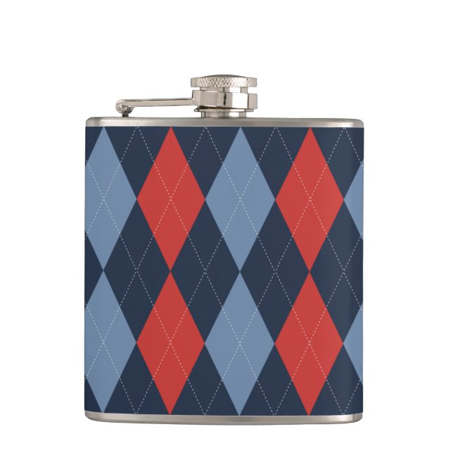 Preppy Argyle Navy Red Smoke Blue Personalised Hip Flask (Front)