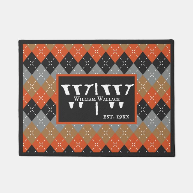 Preppy Argyle Orange Grey Argyle Personalised Doormat (Front)