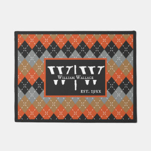 Preppy Argyle Orange Grey Black Brown Personalised Doormat