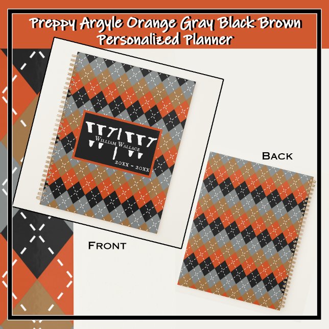 Preppy Argyle Orange Grey Black Brown Personalised Planner (Make a standout statement with this handsome, colorful, bold, unique, customizable daily planner. )