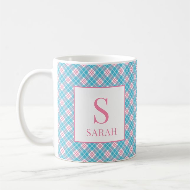 Preppy Argyle Pink Blue Custom Name Coffee Mug (Left)