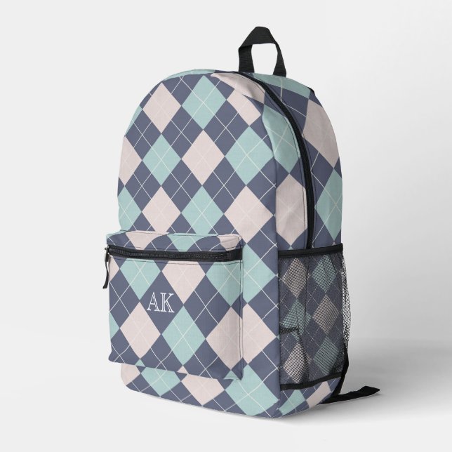 Preppy Argyle Plaid Pink Turquoise and Denim Blue Printed Backpack (Back Corner Right)