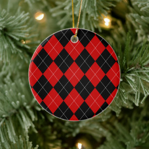 Preppy Argyle Tartan Diamond Plaid Red Black Ceramic Ornament
