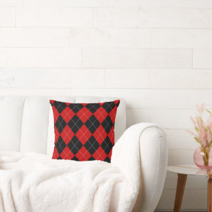 Preppy Argyle Tartan Diamond Plaid Red Black Cushion