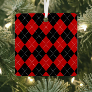Preppy Argyle Tartan Diamond Plaid Red Black Metal Tree Decoration