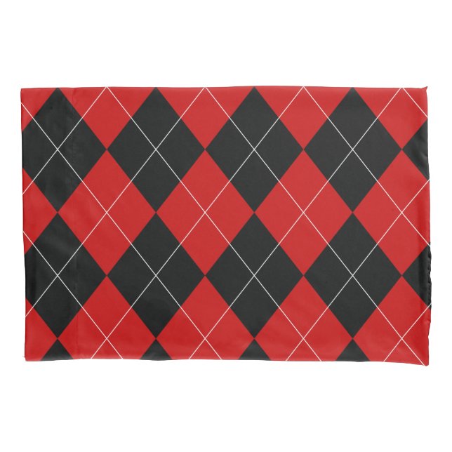 Preppy Argyle Tartan Diamond Plaid Red Black Pillowcase (Front)