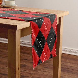 Preppy Argyle Tartan Diamond Plaid Red Black Short Table Runner