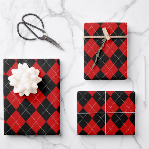 Preppy Argyle Tartan Diamond Plaid Red Black Wrapping Paper Sheet