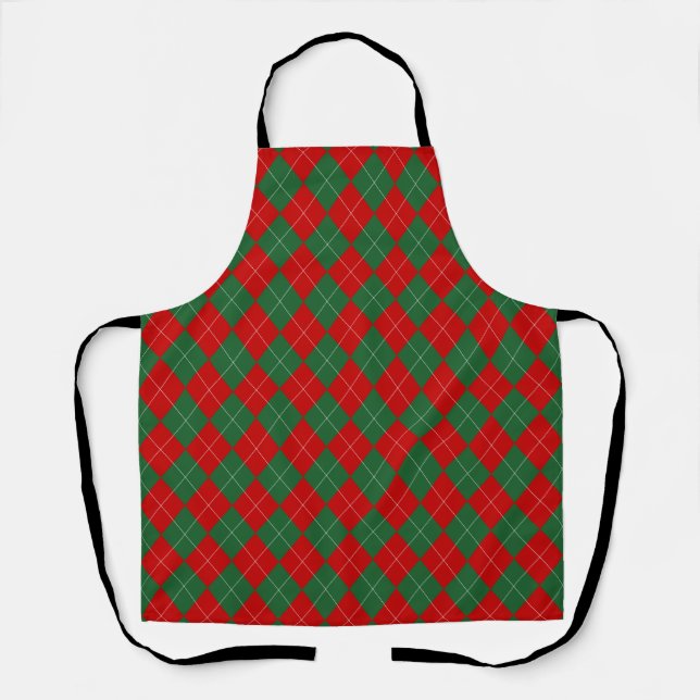 Preppy Argyle Tartan Diamond Plaid Red Green Apron (Front)