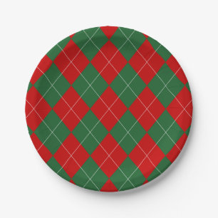 Preppy Argyle Tartan Diamond Plaid Red Green Paper Plate