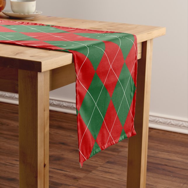 Preppy Argyle Tartan Diamond Plaid Red Green Short Table Runner (In Situ)
