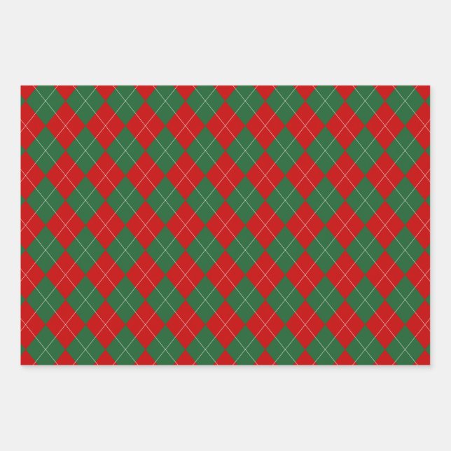 Preppy Argyle Tartan Diamond Plaid Red Green Wrapping Paper Sheet (Front)