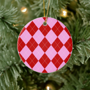 Preppy Argyle Tartan Diamond Plaid Red Pink Ceramic Ornament