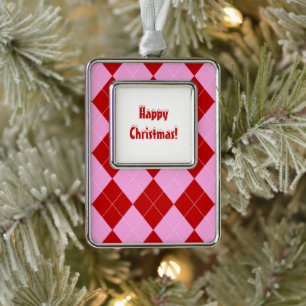 Preppy Argyle Tartan Diamond Plaid Red Pink Silver Plated Framed Ornament