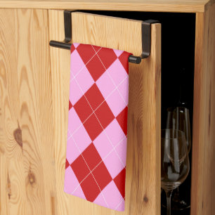 Preppy Argyle Tartan Diamond Plaid Red Pink Tea Towel
