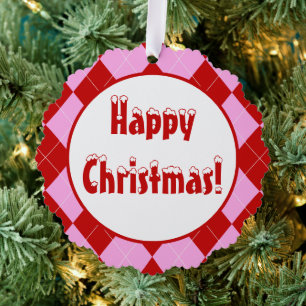 Preppy Argyle Tartan Diamond Plaid Red Pink Tree Decoration Card