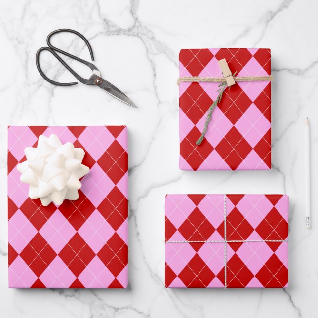 Preppy Argyle Tartan Diamond Plaid Red Pink Wrapping Paper Sheet (Front)