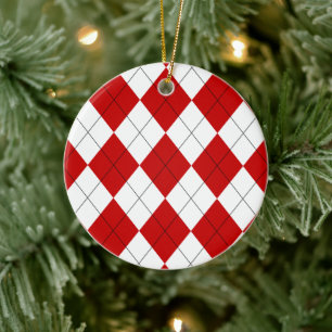 Preppy Argyle Tartan Diamond Plaid Red White Ceramic Ornament