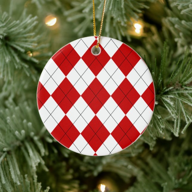 Preppy Argyle Tartan Diamond Plaid Red White Ceramic Ornament (Tree)