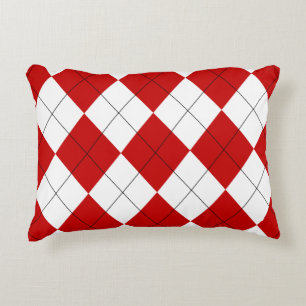 Preppy Argyle Tartan Diamond Plaid Red White Decorative Cushion
