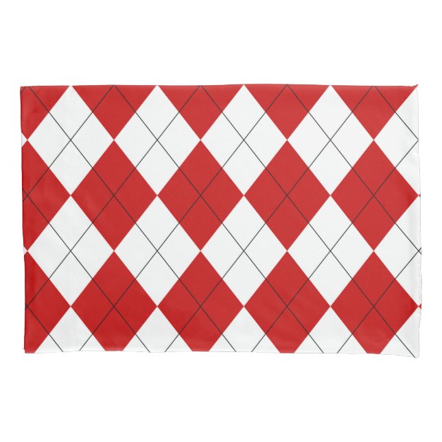 Preppy Argyle Tartan Diamond Plaid Red White Pillowcase (Front)
