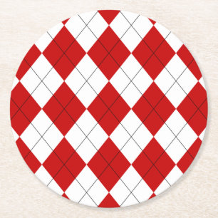 Preppy Argyle Tartan Diamond Plaid Red White Round Paper Coaster