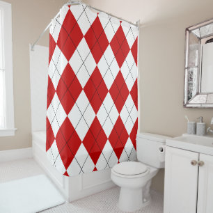 Preppy Argyle Tartan Diamond Plaid Red White Shower Curtain