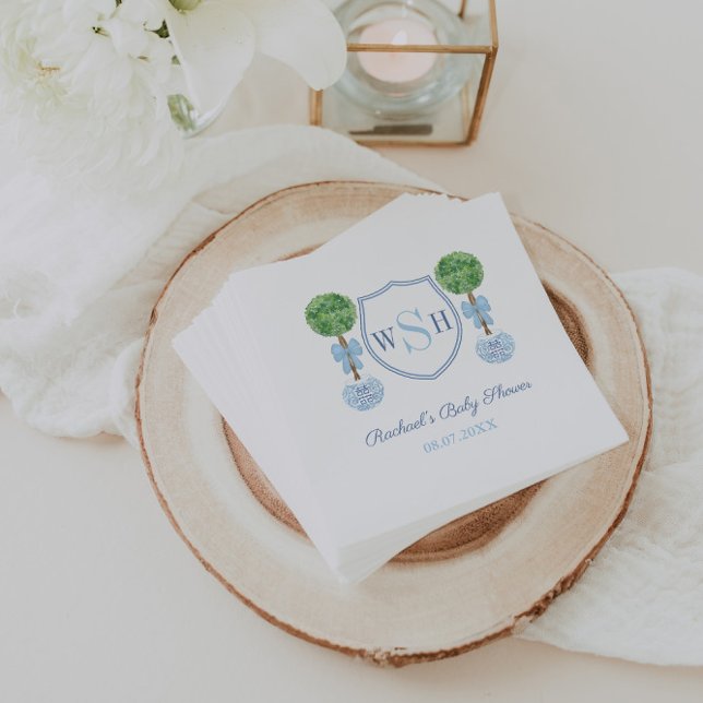 Preppy Baby Shower Monogram With Boxwood Topiary Napkin (Preppy topiary with blue bow and 3 letter monogram crest baby shower napkins)