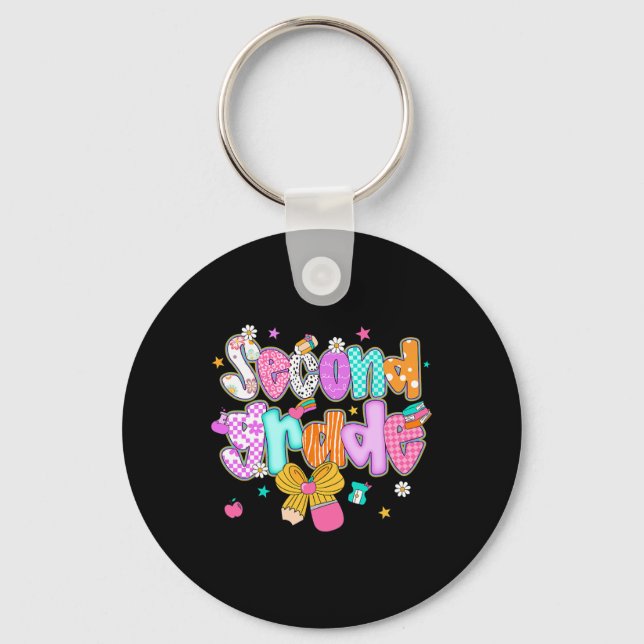 Preppy Back To School 2nd Grade Coquette Bow Girls Key Ring (Front)