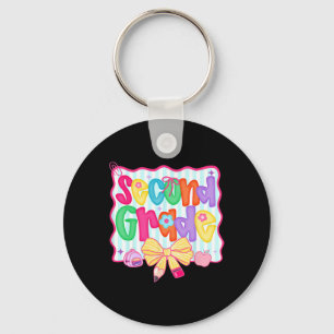 Preppy Back To School 2nd Grade Coquette Bow Girls Key Ring