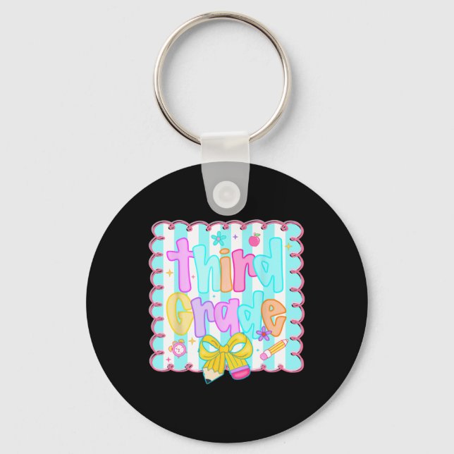Preppy Back To School Third 3rd Grade Teacher Stud Key Ring (Front)
