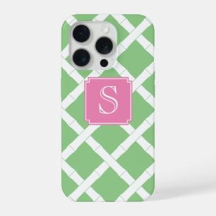 Preppy Bamboo Trellis Pattern Apple Green And Pink iPhone 15 Pro Case