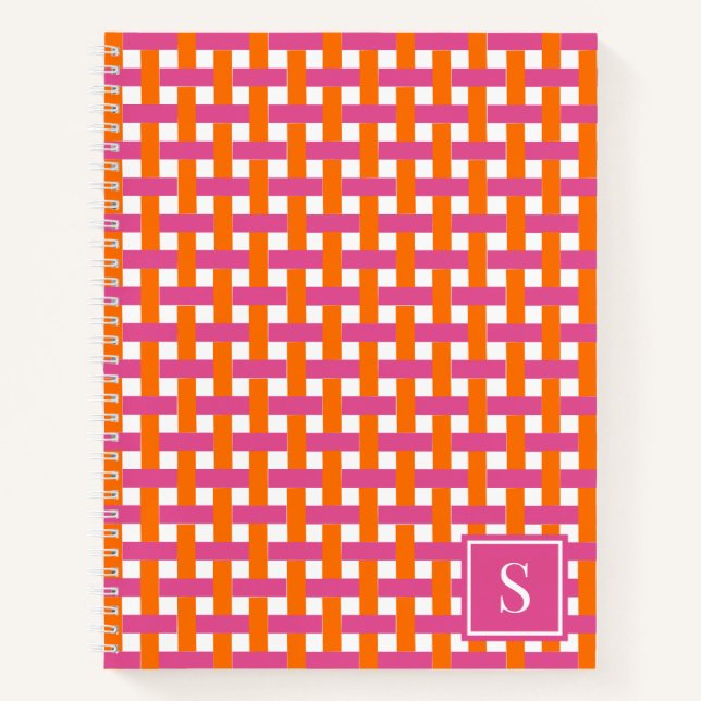 Preppy Basket Weave – Hot Pink & Orange Monogram Notebook (Front)