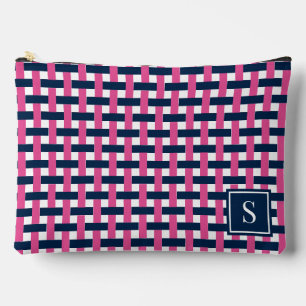 Preppy Basket Weave – Navy & Hot Pink Monogram Accessory Pouch