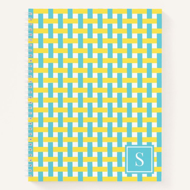 Preppy Basket Weave – Yellow & Turquoise Monogram Notebook (Front)