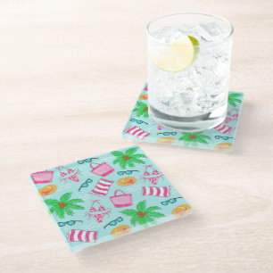 Preppy Beach Bikini Towel Palm Tree Towel Bag Glass Coaster