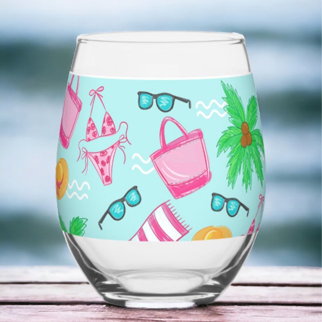 Preppy Beach Girl’s Weekend Bikini Palm Tree Stemless Wine Glass (Creator Uploaded)