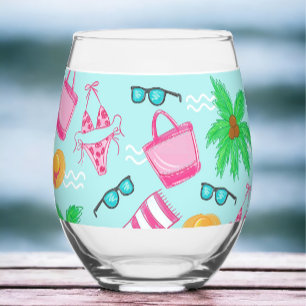 Preppy Beach / Pink Bikini Coastal Girls Trip Stemless Wine Glass