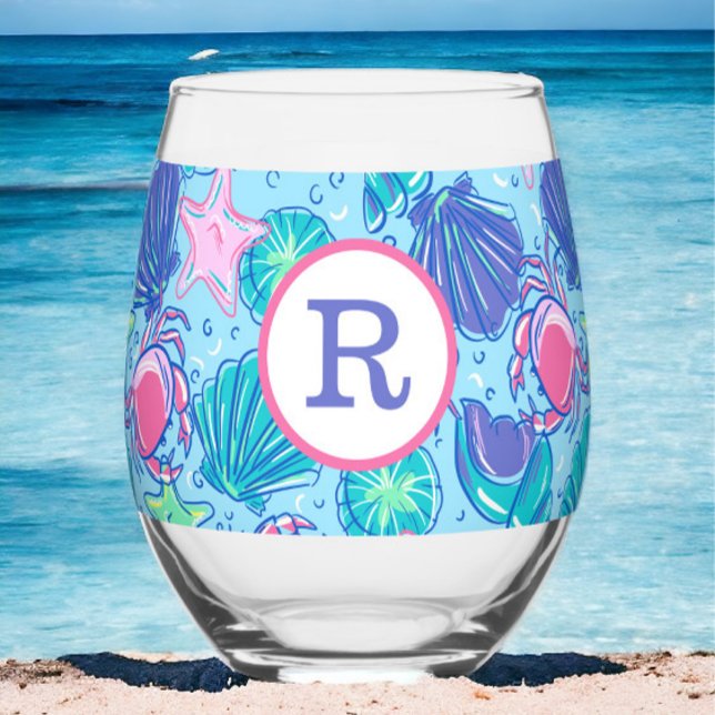 Preppy Beach Pink Crabs Shells Monogram  Stemless Wine Glass (Creator Uploaded)