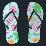 Preppy Beach Scene Coastal Bikini Palm Tree Thongs<br><div class="desc">These preppy beach flip flops are the perfect favour for a girl's weekend,  wedding,  or reunion. This beach scene with beach bags,  bikinis,  palm trees,  sunglasses,  beach bags,  and beach hats can be found on other products in my store,  PageCreativeDesigns.</div>