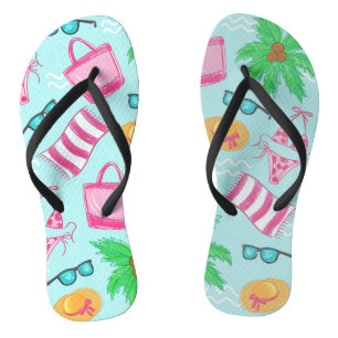 Preppy Beach Scene Coastal Bikini Palm Tree Thongs