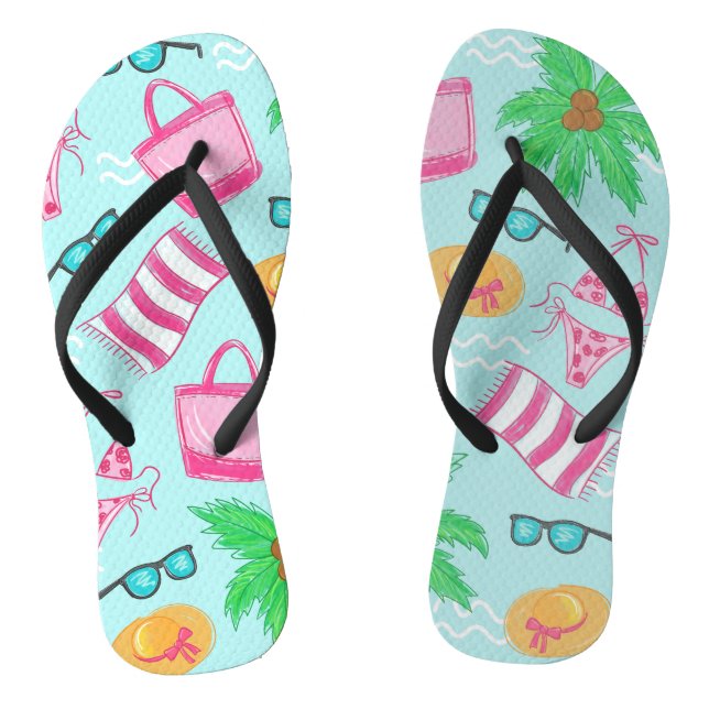 Preppy Beach Scene Coastal Bikini Palm Tree Thongs (Footbed)