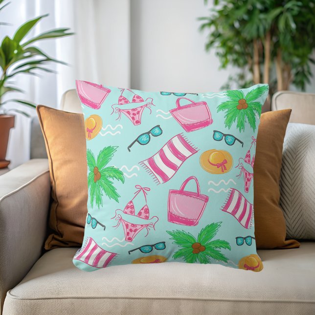 Preppy Beach Scene with Bikini, Palm Tree Towel Cushion (Creator Uploaded)