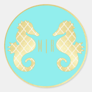 Preppy Beach Seahorse Turquoise Gold Wedding Classic Round Sticker