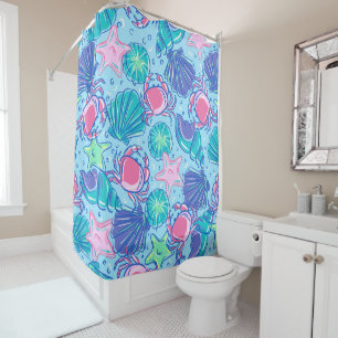 Preppy Beach Shell Crab Blue Shower Curtain