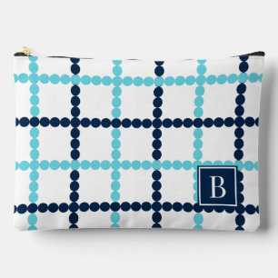 Preppy beaded Windowpane Aqua & Navy Accessory Pouch