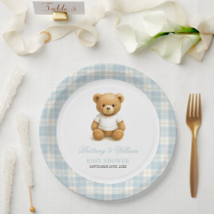 Preppy Bear Blue Plaid Modern Baby Shower Paper Plate